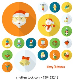 Christmas and Winter Icons Collection. Colorful. Long Shadow. Simple and Minimalistic Style. Vector