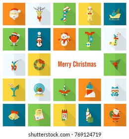 Christmas and Winter Icons Collection. Colorful. Long Shadow. Simple and Minimalistic Style. Vector