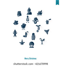 Christmas and Winter Icons Collection. Long Shadow. Simple and Minimalistic Style. Vector