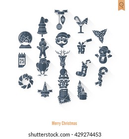 Christmas and Winter Icons Collection. Long Shadow. Simple and Minimalistic Style. Vector