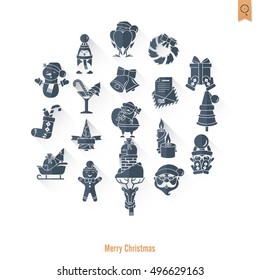 Christmas and Winter Icons Collection. Long Shadow. Simple and Minimalistic Style. Vector