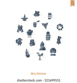 Christmas and Winter Icons Collection. Long Shadow. Simple and Minimalistic Style. Vector