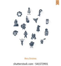 Christmas and Winter Icons Collection. Long Shadow. Simple and Minimalistic Style. Vector