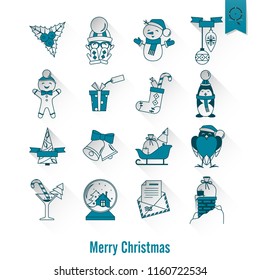 Christmas and Winter Icons Collection. Monochrome color. Long Shadow. Simple and Minimalistic Style. Vector