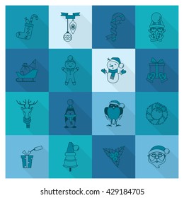 Christmas and Winter Icons Collection. Monochrome color. Long Shadow. Simple and Minimalistic Style. Vector