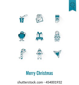 Christmas and Winter Icons Collection. Monochrome color. Long Shadow. Simple and Minimalistic Style. Vector