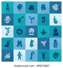 Christmas and Winter Icons Collection. Monochrome color. Long Shadow. Simple and Minimalistic Style. Vector
