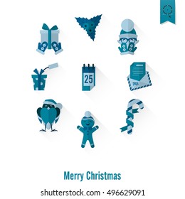 Christmas and Winter Icons Collection. Monochrome color. Long Shadow. Simple and Minimalistic Style. Vector