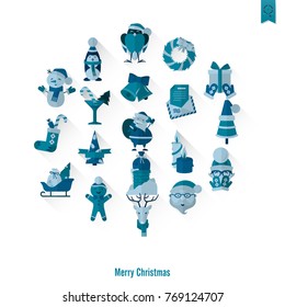 Christmas and Winter Icons Collection. Monochrome color. Long Shadow. Simple and Minimalistic Style. Vector