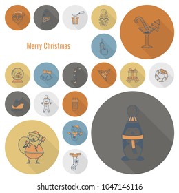 Christmas and Winter Icons Collection. Retro Color. Long Shadow. Simple and Minimalistic Style. Vector