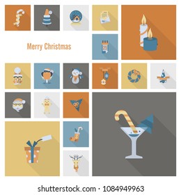 Christmas and Winter Icons Collection. Retro Color. Long Shadow. Simple and Minimalistic Style. Vector