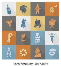 Christmas and Winter Icons Collection. Retro Color. Long Shadow. Simple and Minimalistic Style. Vector
