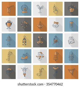 Christmas and Winter Icons Collection. Retro Color. Long Shadow. Simple and Minimalistic Style. Vector