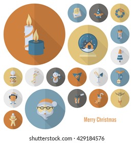 Christmas and Winter Icons Collection. Retro Color. Long Shadow. Simple and Minimalistic Style. Vector