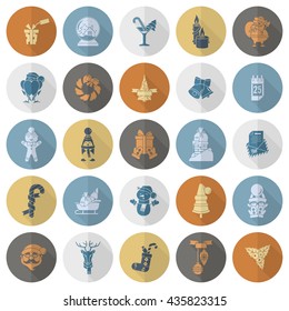 Christmas and Winter Icons Collection. Retro Color. Long Shadow. Simple and Minimalistic Style. Vector