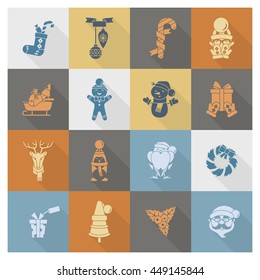 Christmas and Winter Icons Collection. Retro Color. Long Shadow. Simple and Minimalistic Style. Vector
