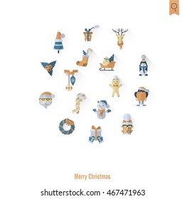 Christmas and Winter Icons Collection. Retro Color. Long Shadow. Simple and Minimalistic Style. Vector