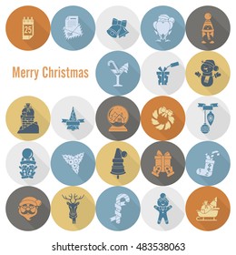 Christmas and Winter Icons Collection. Retro Color. Long Shadow. Simple and Minimalistic Style. Vector