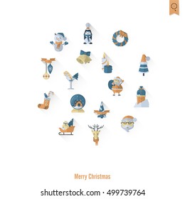 Christmas and Winter Icons Collection. Retro Color. Long Shadow. Simple and Minimalistic Style. Vector