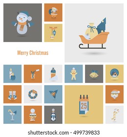 Christmas and Winter Icons Collection. Retro Color. Simple and Minimalistic Style. Vector