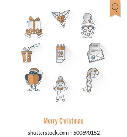 Christmas and Winter Icons Collection. Retro Color. Long Shadow. Simple and Minimalistic Style. Vector