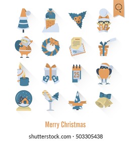 Christmas and Winter Icons Collection. Retro Color. Long Shadow. Simple and Minimalistic Style. Vector