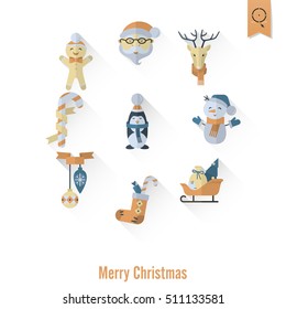 Christmas and Winter Icons Collection. Retro Color. Long Shadow. Simple and Minimalistic Style. Vector