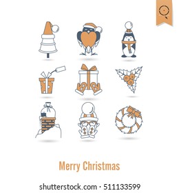 Christmas and Winter Icons Collection. Retro Color. Simple and Minimalistic Style. Vector