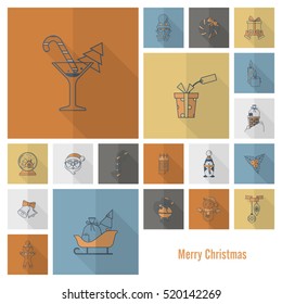 Christmas and Winter Icons Collection. Retro Color. Long Shadow. Simple and Minimalistic Style. Vector