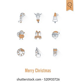 Christmas and Winter Icons Collection. Retro Color. Long Shadow. Simple and Minimalistic Style. Vector