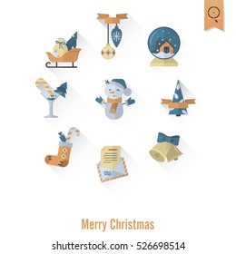 Christmas and Winter Icons Collection. Retro Color. Long Shadow. Simple and Minimalistic Style. Vector