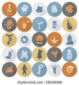 Christmas and Winter Icons Collection. Retro Color. Long Shadow. Simple and Minimalistic Style. Vector