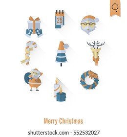 Christmas and Winter Icons Collection. Retro Color. Long Shadow. Simple and Minimalistic Style. Vector