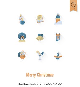 Christmas and Winter Icons Collection. Retro Color. Long Shadow. Simple and Minimalistic Style. Vector