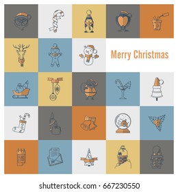 Christmas and Winter Icons Collection. Retro Color. Simple and Minimalistic Style. Vector