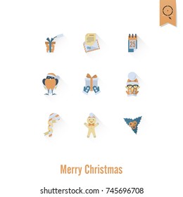 Christmas and Winter Icons Collection. Retro Color. Long Shadow. Simple and Minimalistic Style. Vector