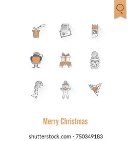 Christmas and Winter Icons Collection. Retro Color. Long Shadow. Simple and Minimalistic Style. Vector