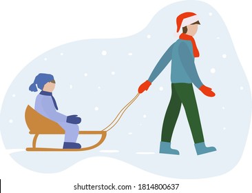 Christmas winter illustration. Father is pulling a sleigh with his son over the snow.  A man wears a cap of Santa Claus and red mittens. Vector flat design