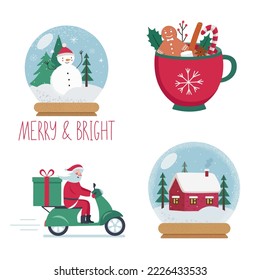 Christmas winter illustration set, cup of cacao, snowball, santa clause on a bike. 