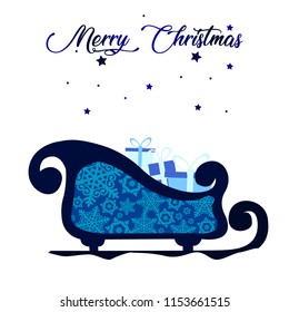 Christmas winter illustration with sleigh and gifts. Vector Illustration