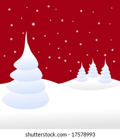 A christmas winter illustration with snow covered trees on a snowy hill with a red starry sky