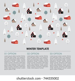 Christmas winter infographics template. Snowy landscape with hand drawn trees and houses. Vector illustration background.