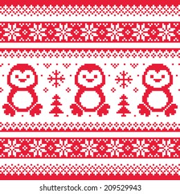 Christmas, winter knitted pattern with penguins - Scandinavian sweater style 