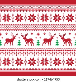 Christmas and Winter knitted seamless pattern or card with deer - scandynavian style