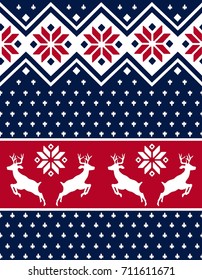 Christmas and Winter knitted seamless pattern or card with deer - Scandinavia  style. vector