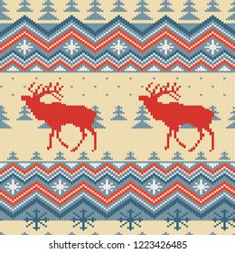 Christmas winter knitted woolen seamless pattern with red deer in blue firs forest