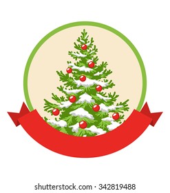Christmas Winter Label Icon with Decoration Evergreen Tree Isolated on White Background