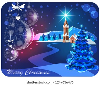 Christmas winter landscape in the Alpine village, a gentle Christmas tree against the background of a winter village and snow-capped mountains