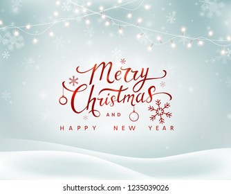 Christmas winter landscape background with falling snowflakes, garland lights. Merry Christmas and Happy New Year card. Vector xmas snowy holiday banner.