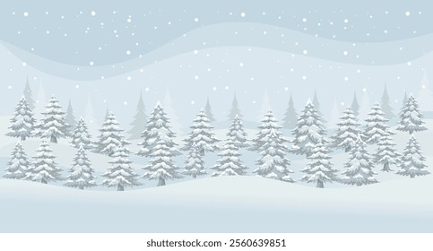 Christmas winter landscape background. Merry Christmas greeting card template. Illustration in flat style.